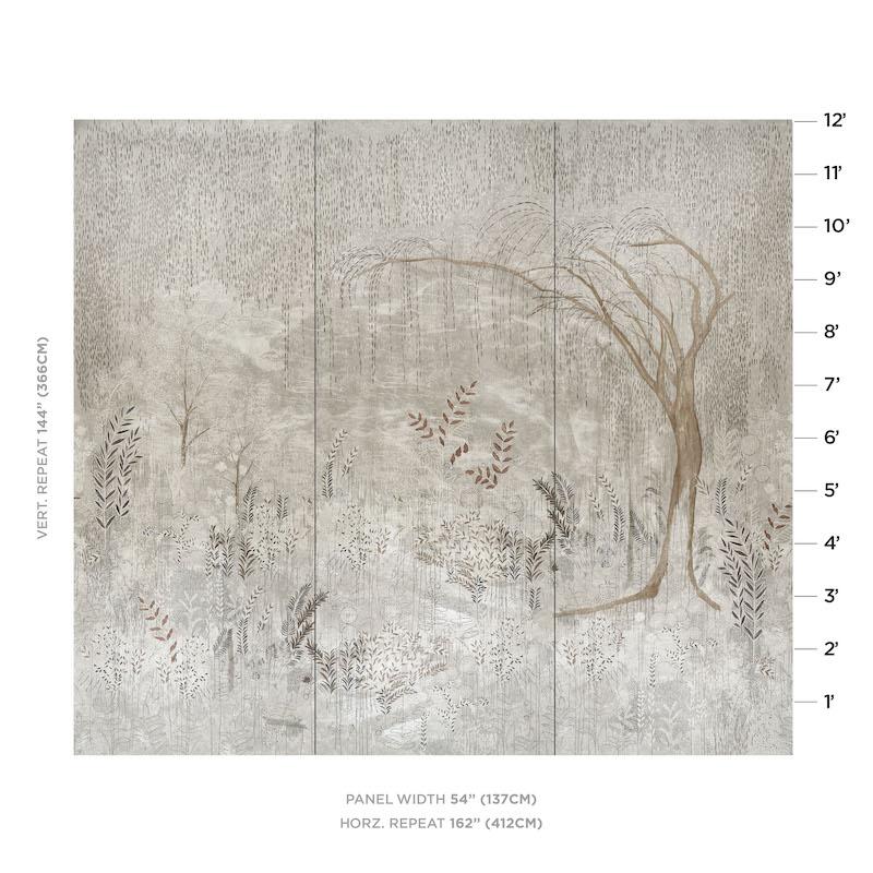 Digitally printing California-based muralist Colette Cosentino’s gauzy weeping willow painting on a pearlized ground imparts a subtle shimmer to the subdued haziness of the landscape. Available in three non-repeating panels.


Panel Width: 48