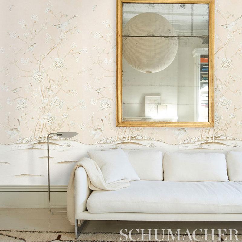 British Schumacher by Mary McDonald Chinois Palais Vinyl Wallpaper Panel in Blush For Sale