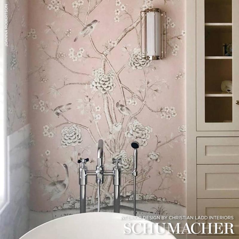 British Schumacher by Mary McDonald Chinois Palais Wallpaper Mural in Blush For Sale
