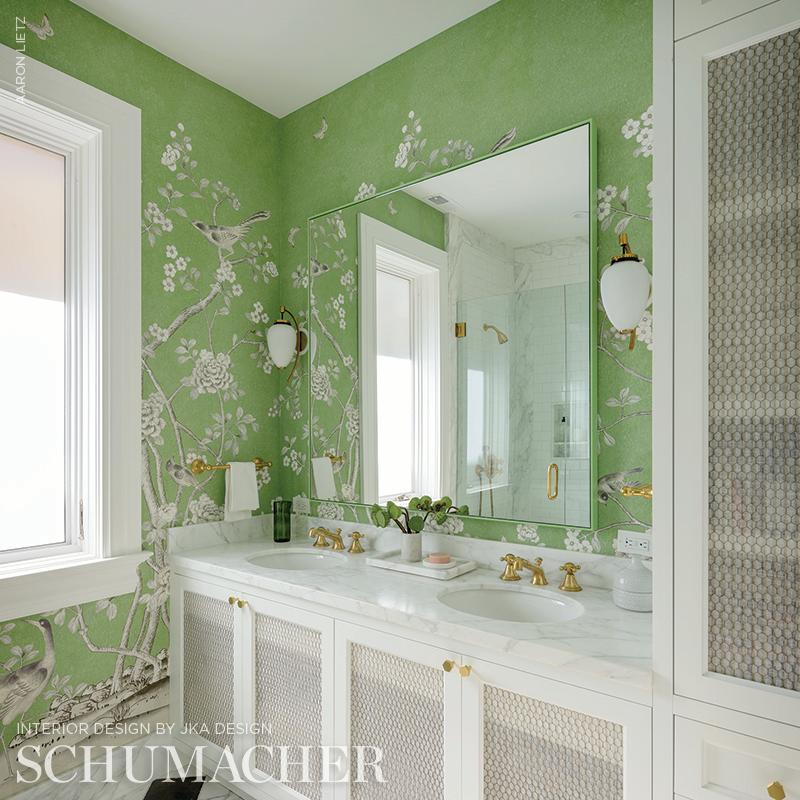 British Schumacher by Mary McDonald Chinois Palais Wallpaper Mural in Lettuce Green For Sale