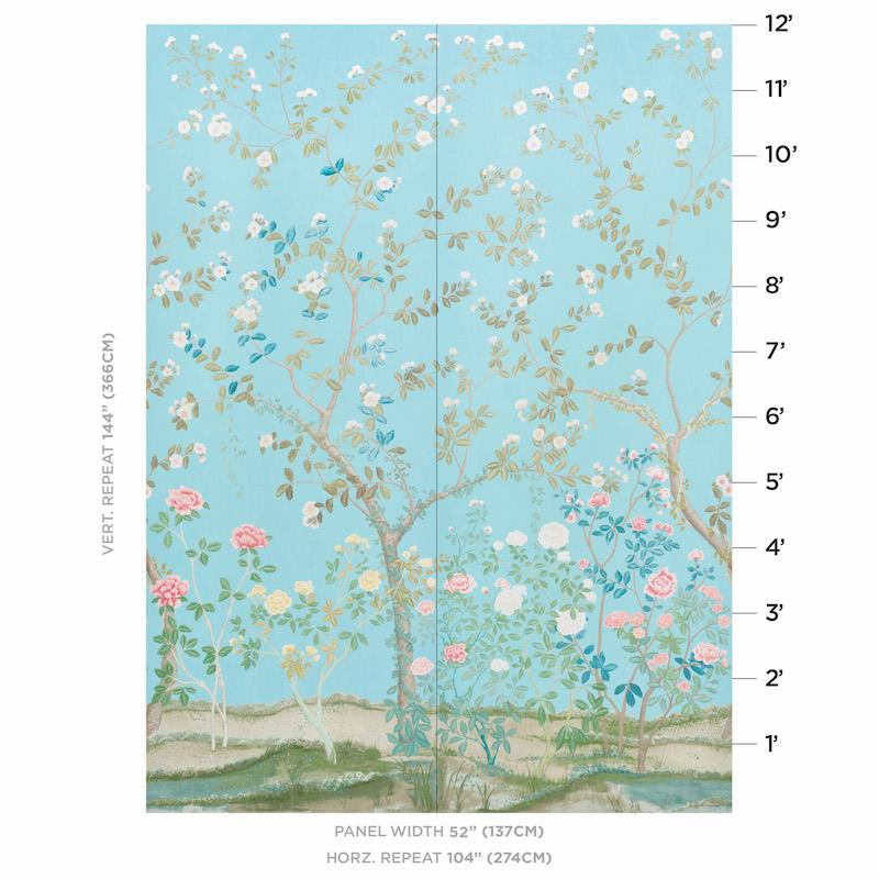 El jardín inglés se une a la chinoiserie en este impresionante diseño, en colaboración con Miles Redd. Dibujado originalmente a escala sobre lienzo francés, este vasto motivo floral se compone de dos paneles de 12 pies.

Anchura del panel: