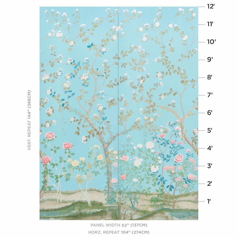 Le jardin anglais rencontre la chinoiserie dans ce superbe design, en collaboration avec Miles Redd. Dessiné à l'origine à l'échelle sur une toile française, ce vaste motif floral est composé de deux panneaux de 12 pieds.

Largeur du panneau :