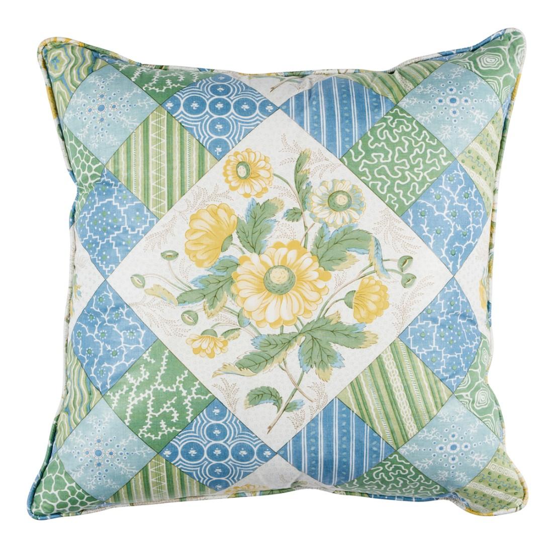 This pillow features Caldwell Patchwork with a self welt finish. Caldwell Patchwork Chintz in yellow-and-cornflower is a trompe l‘oeil quilted pattern where lovely floral bouquets are framed by an intricate and charming patchwork of graphic