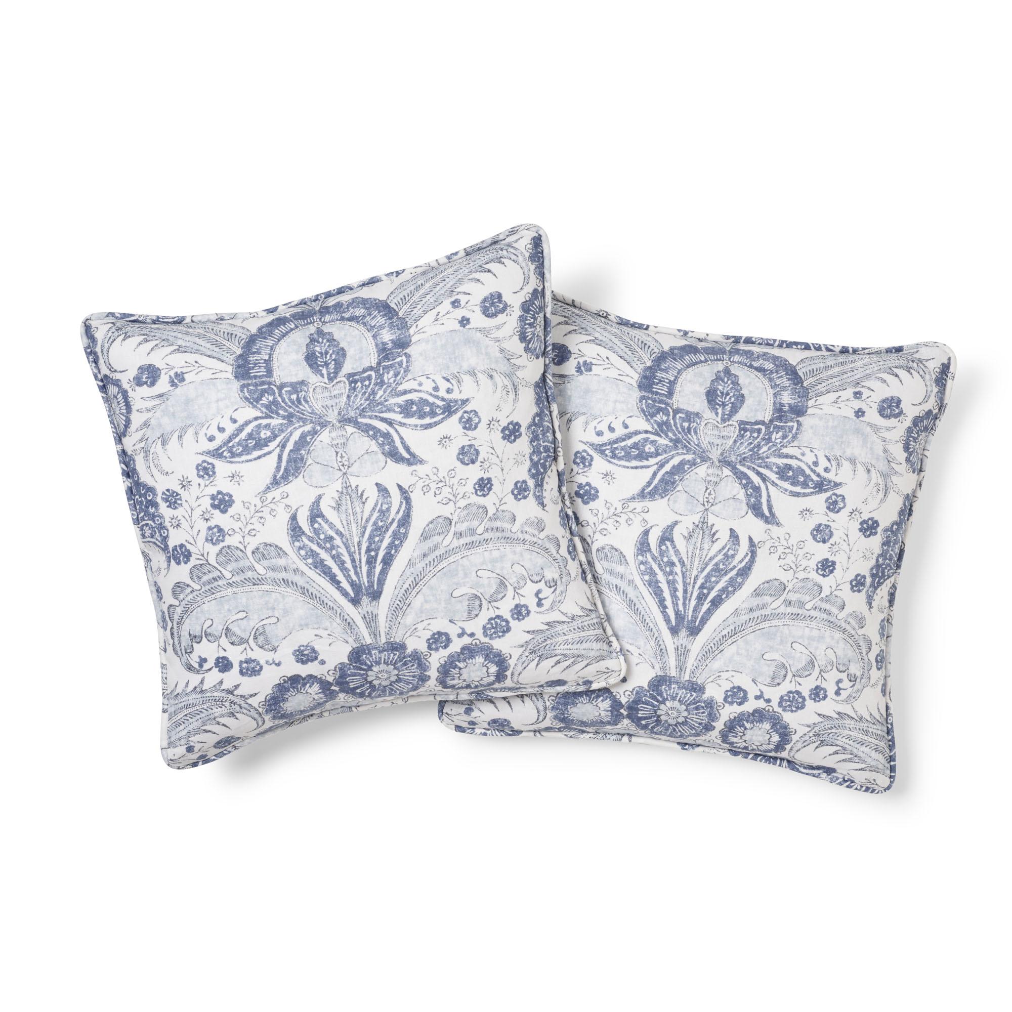 British Schumacher Calicut Floral Delft Two-Sided Linen Pillow For Sale