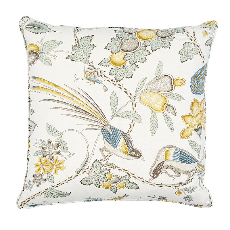This pillow features Campagne (Item# 175951, CAMPAGNE FABRIC) with a Self-Welt finish. A lush, lively interpretation of a classic French design, with a captivating allover pattern of plumes, blossoms and vines. Pillow includes a feather/down fill