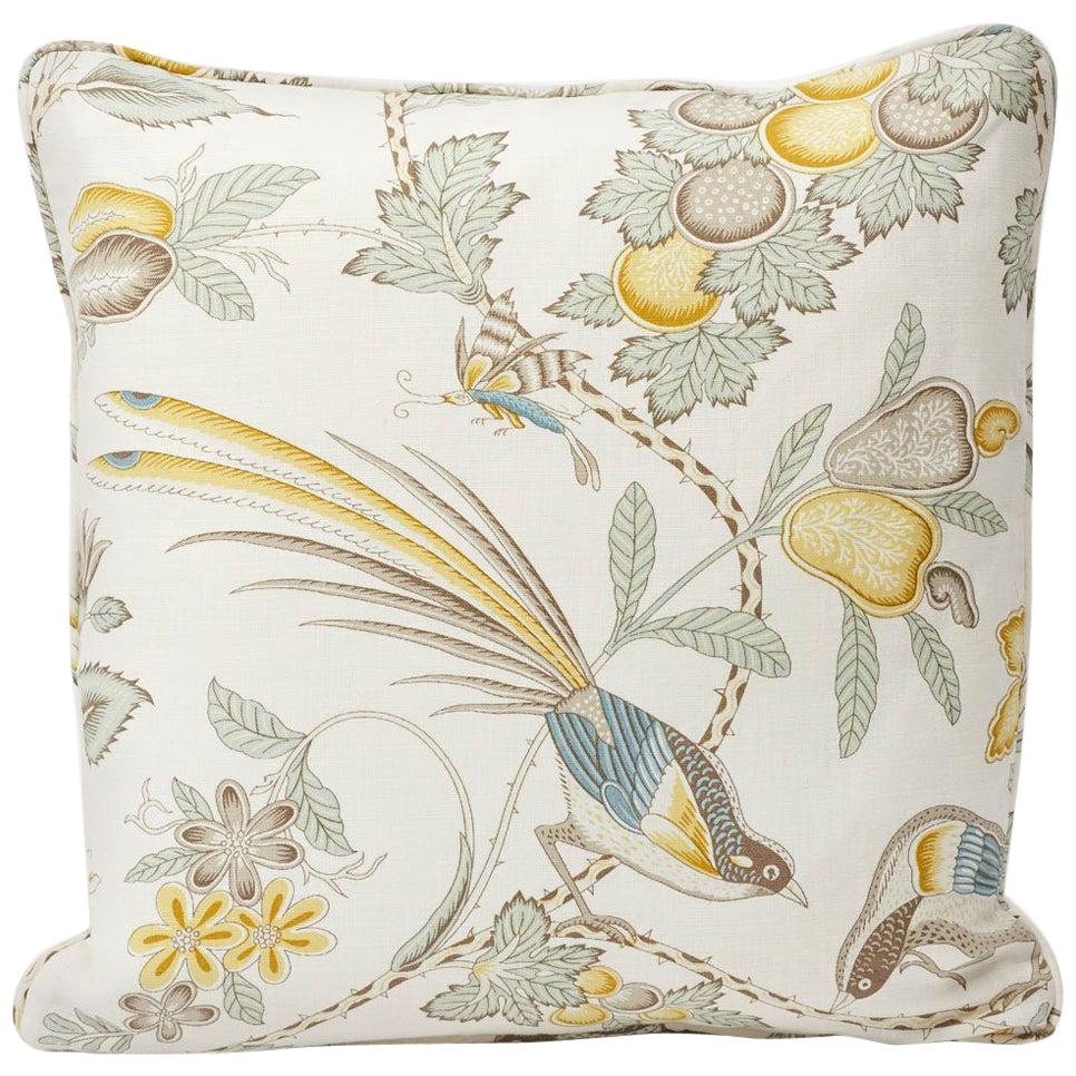 Schumacher Campagne French Floral Linen Cadet and Citron Yellow 18" Pillow For Sale