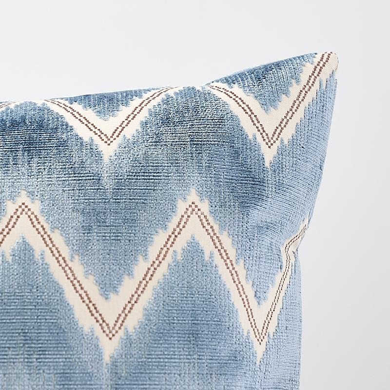This pillow features Chevron Velvet (item# 72842, CHEVRON VELVET FABRIC)  with a knife edge finish. A fabulous combination of plush ombr√© and delicate accent stripes, this luxe chevron has a dynamic presence. Pillow includes a feather/down fill