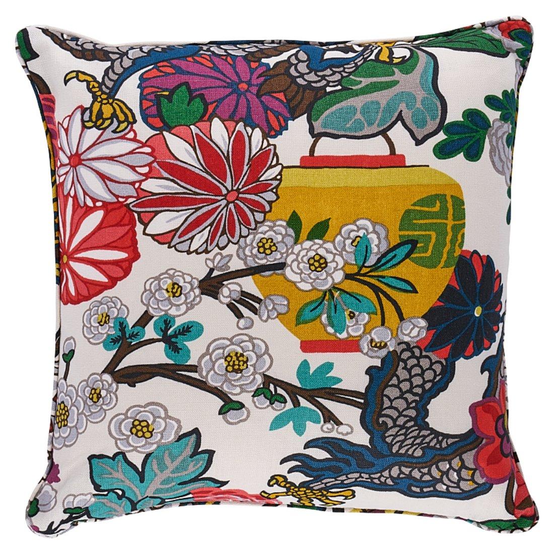 This pillow features Chiang Mai Dragon with a Self-Welt finish. An instant hit from the moment we introduced it, this is one of our best-loved designs. The chinoiserie motif was inspired by an Art Deco print. Pillow includes a feather/down fill