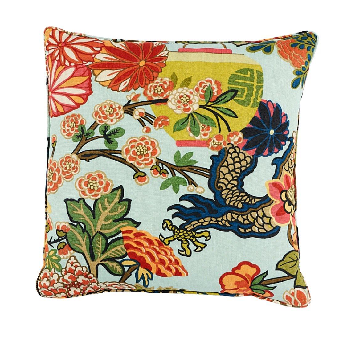 This pillow features Chiang Mai Dragon with a Self-Welt finish. An instant hit from the moment we introduced it, this is one of our best-loved designs. The chinoiserie motif was inspired by an Art Deco print. Pillow includes a feather/down fill