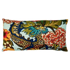 Schumacher Chiang Mai Dragon Aquamarine Two-Sided Linen Lumbar Pillow