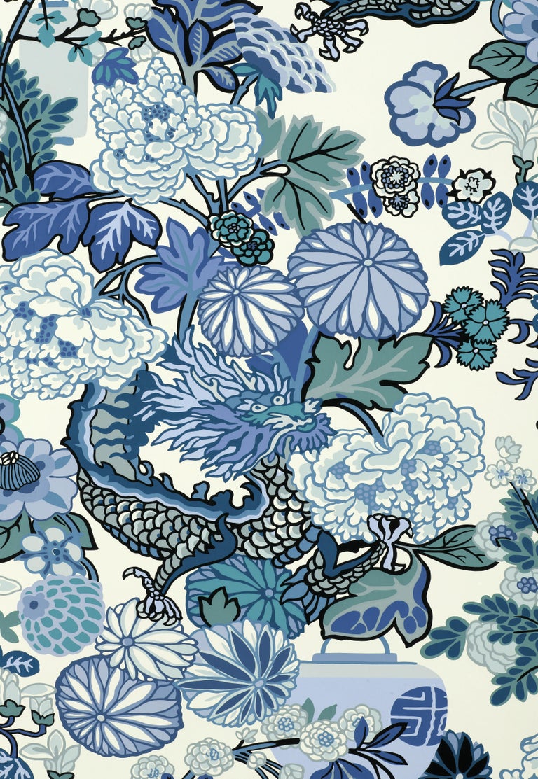 Schumacher Chiang Mai Dragon Chinoiserie China Blue Wallpaper For Sale