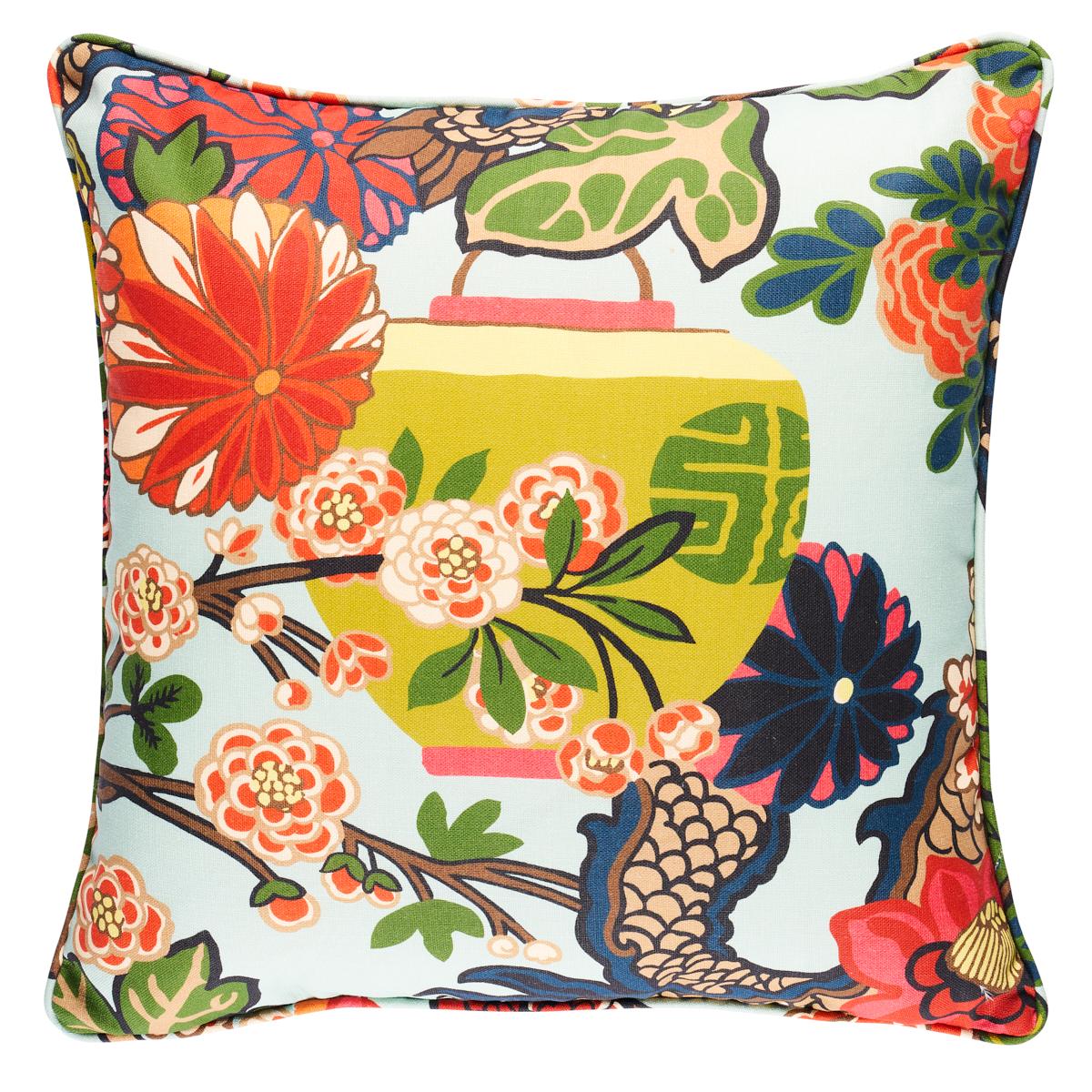 This pillow features Chiang Mai Dragon Indoor/Outdoor with a self welt finish. One of our best-loved designs, this Art Deco-inspired chinoiserie motif has been adapted into a chic outdoor fabric. Pillow includes a polyfill insert and hidden zipper