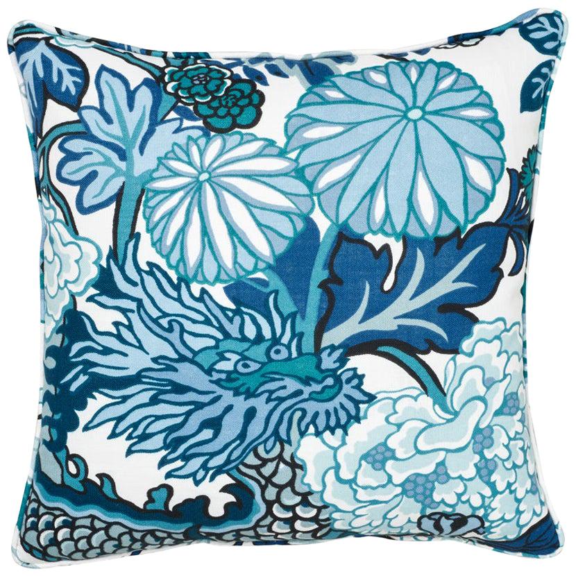 Schumacher Chiang Mai Dragon Indoor/Outdoor China Blue Two-Sided Pillow For Sale