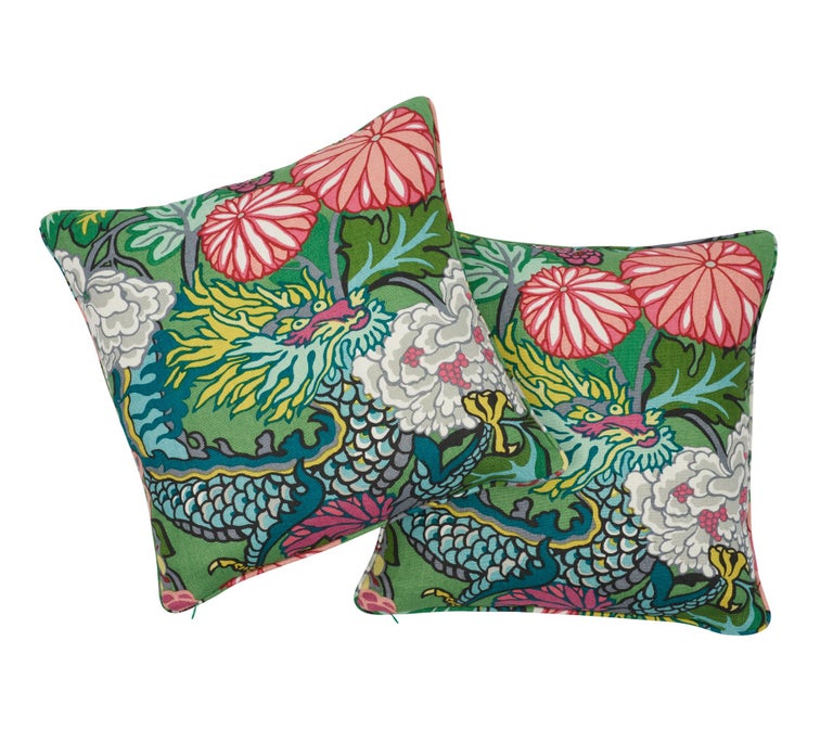 Schumacher Chiang Mai Dragon Jade Two Sided Linen Pillow For Sale