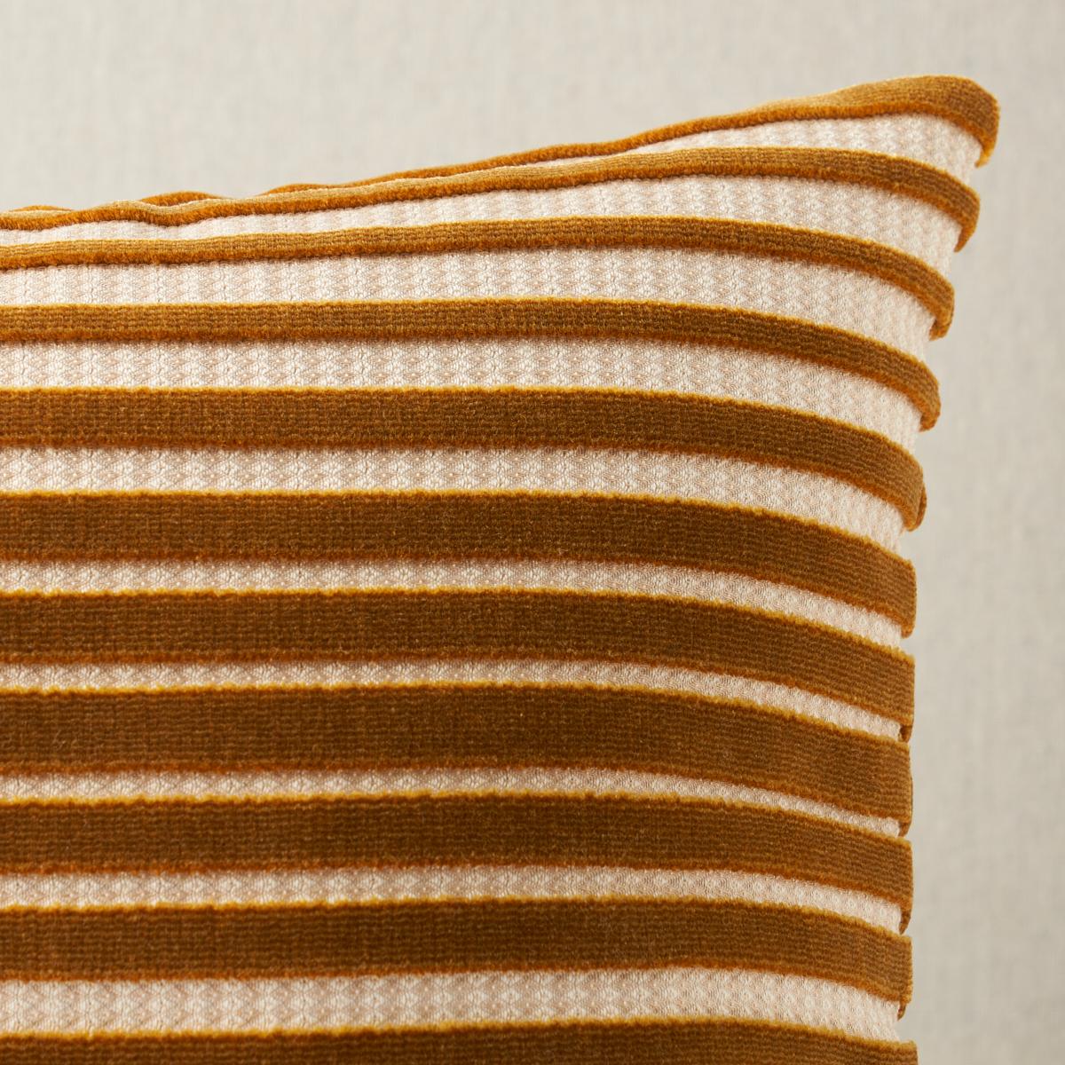 This pillow features Chimay Stripe Velvet with a knife edge finish. This luxurious textural design features multiwidth velvet stripes with subtle strié effects and a delicate diamond jacquard pattern woven into the background. Pillow includes a