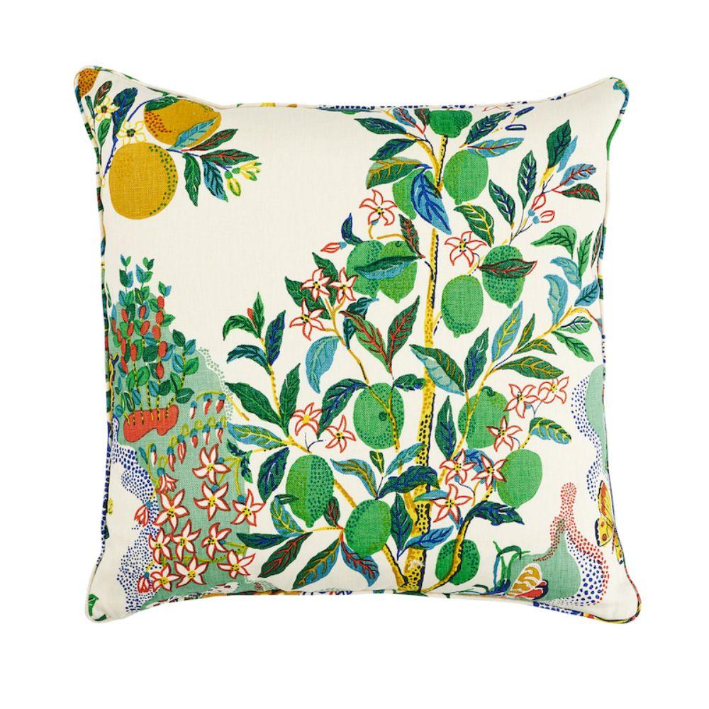 This pillow features Citrus Garden with a self-welt finish. This archival Josef Frank print, created in 1947, bears the signature whimsy, color and personality for which the designer is known. The hand-drawn pattern has inimitable charm. Pillow