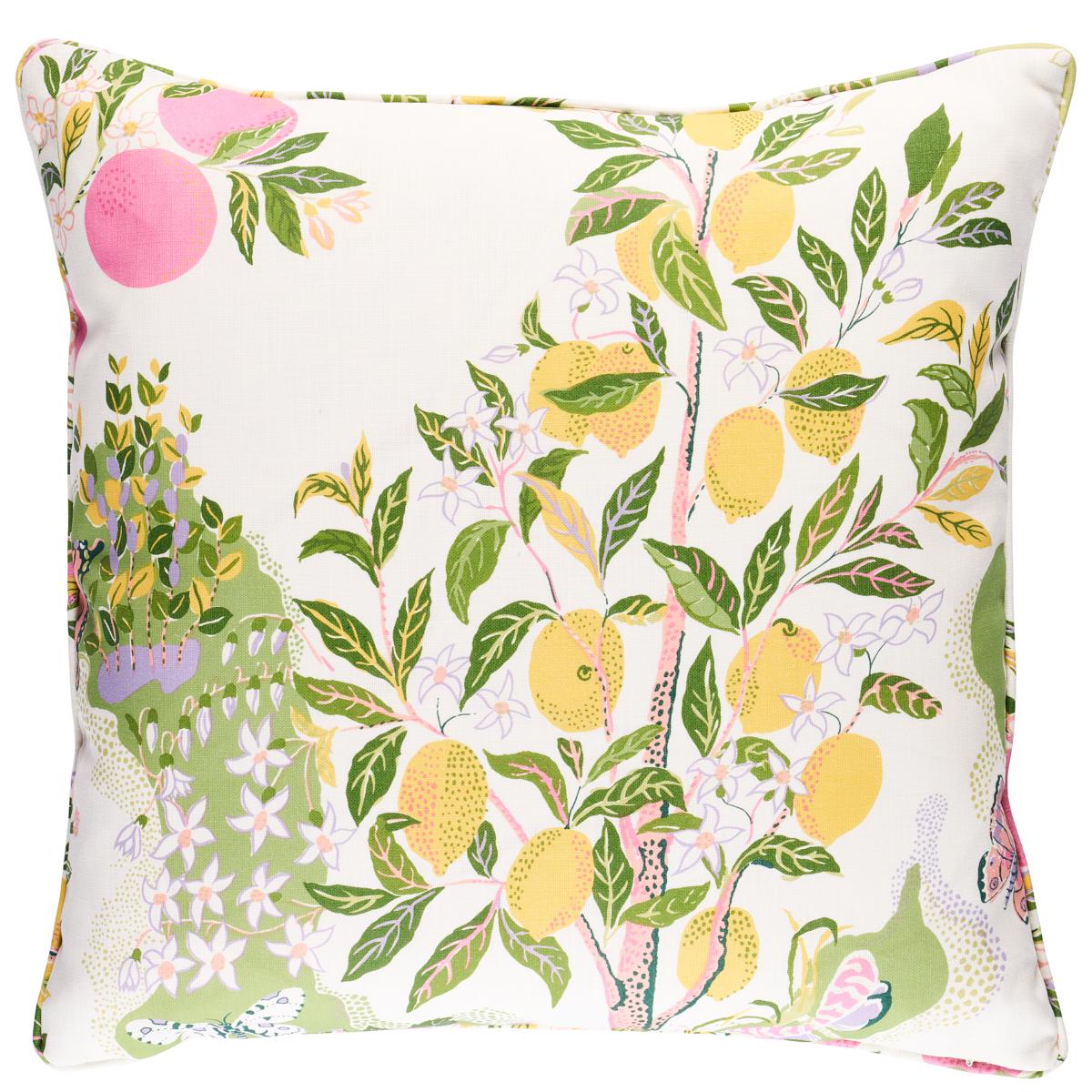 This pillow features Citrus Garden Indoor/Outdoor with a self welt finish. Charming and whimsical, garden-colored Citrus Garden Indoor/Outdoor fabric is Josef Frank's beloved 1947 print designed just for Schumacher and a colorful, cheery addition to