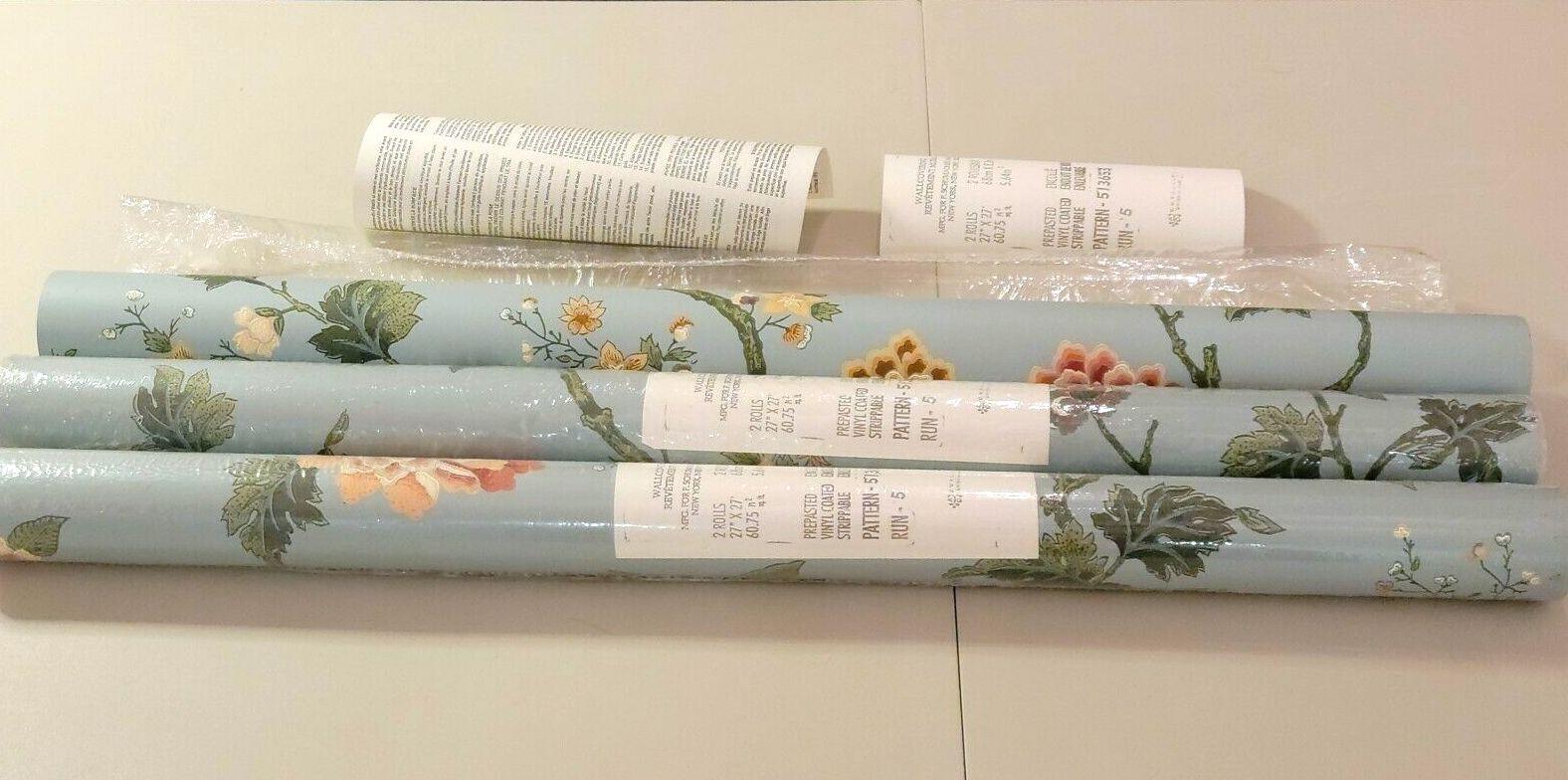 Schumacher & Co Blue Jacobean floral hand-printed wallpaper, Pattern 513653, R.5. 3 double rolls. Each roll is 60.75 square feet (27