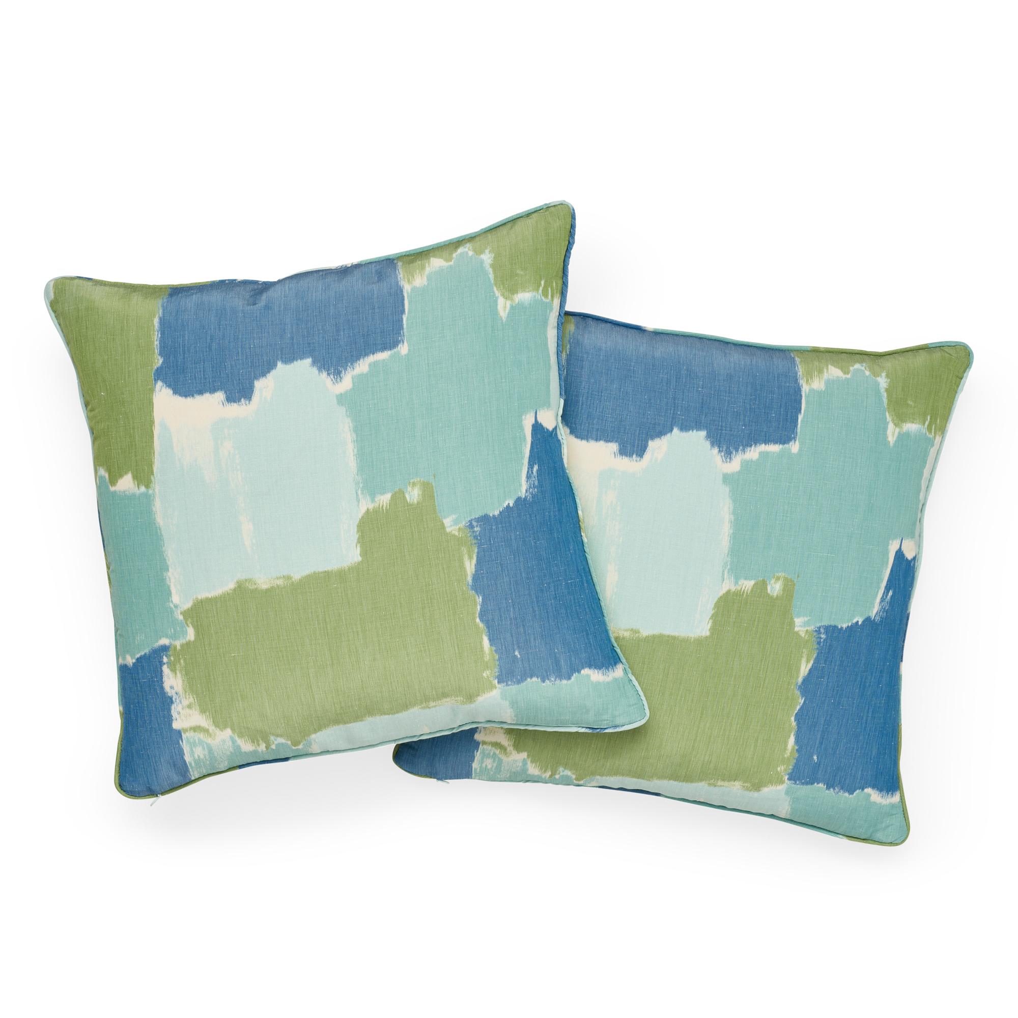 Schumacher Colorblock Ikat Aqua Linen Two-Sided Pillow In New Condition In New York, NY