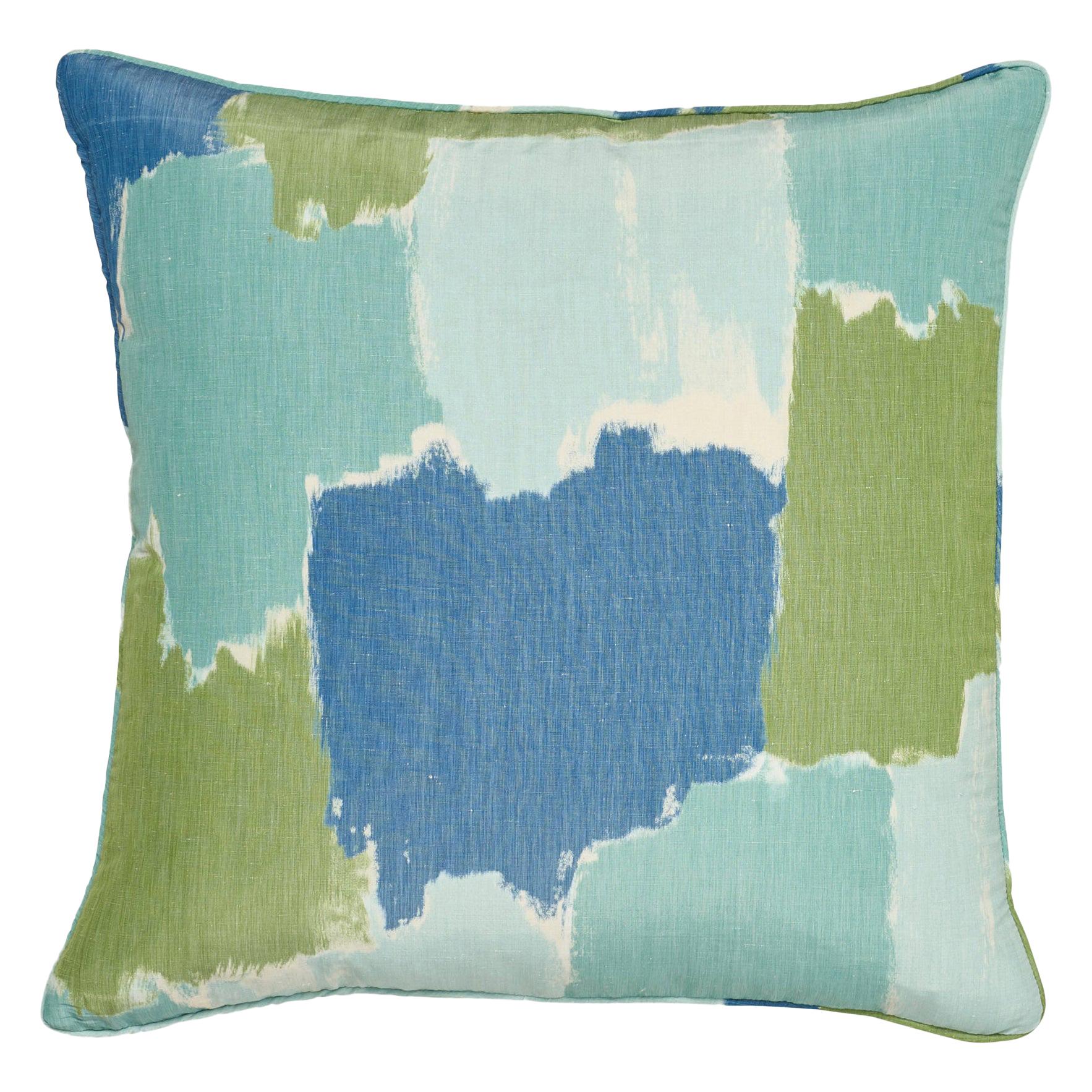 Schumacher Colorblock Ikat Aqua Linen Two-Sided Pillow