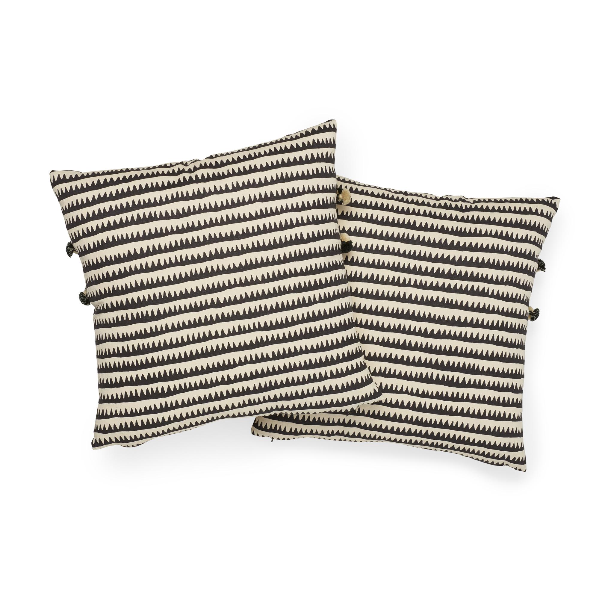 Schumacher Corfu Stripe Black Linen Cotton Two-Sided Pillow, Maracana Pom Tape In New Condition For Sale In New York, NY