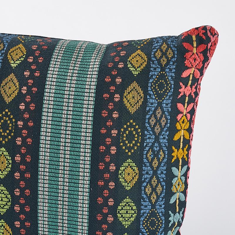 This pillow features Cosima Embroidery (Item# 79681, COSIMA EMBROIDERY Fabric) with a knife edge finish. Motifs that are woven and then embroidered give this elaborate, multicolored vertical stripe the look of an authentic heirloom fabric with a