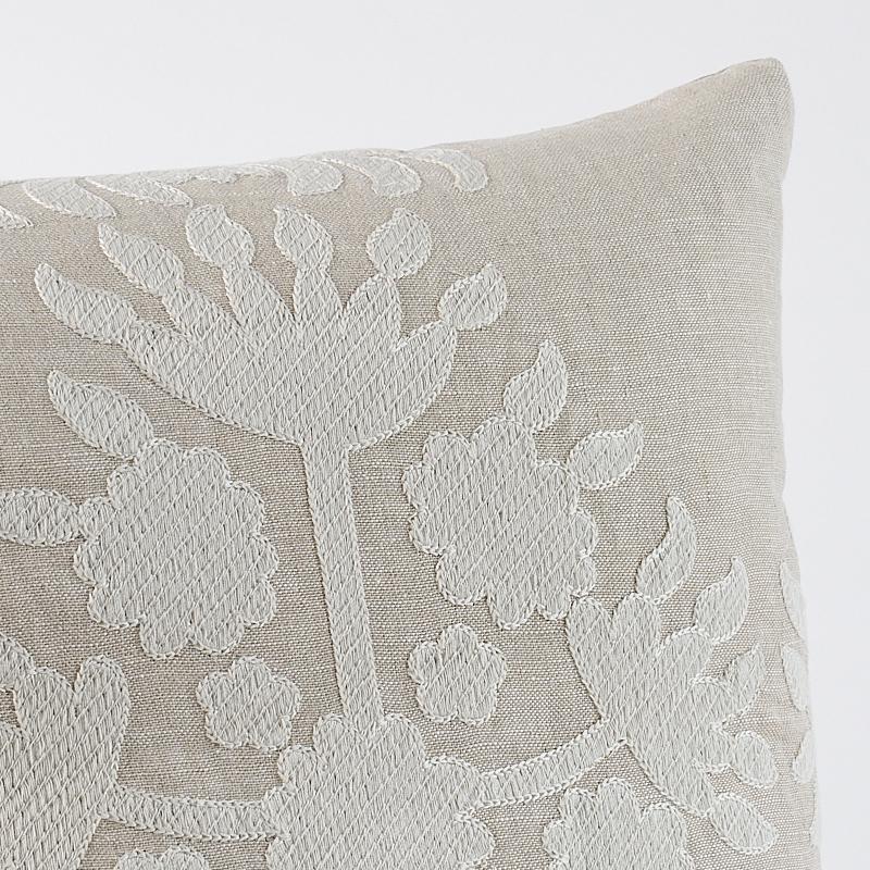 This pillow features Cybele Embroidery Fabric (Item# 79472) with a knife edge finish. Recalling a sumptuous antique textile, this refined linen features a series of regal, finely embroidered floral medallions. Pillow includes a feather/down fill