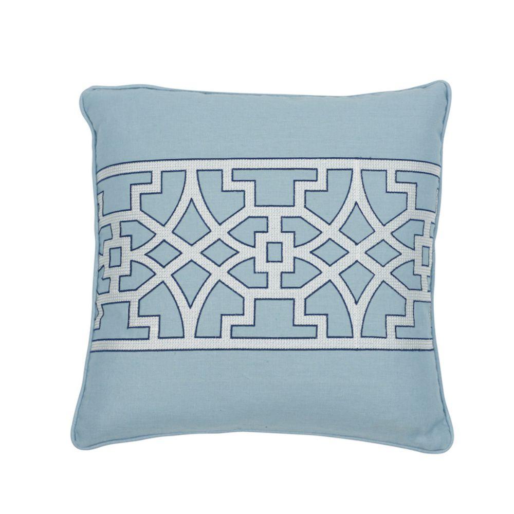 This pillow features Don't Fret by Mary McDonald for Schumacher with a self-welt finish. This embroidered linen stripe was inspired by traditional chinoiserie fretwork and subtle variations are part of its inherent natural beauty. Pillow includes a