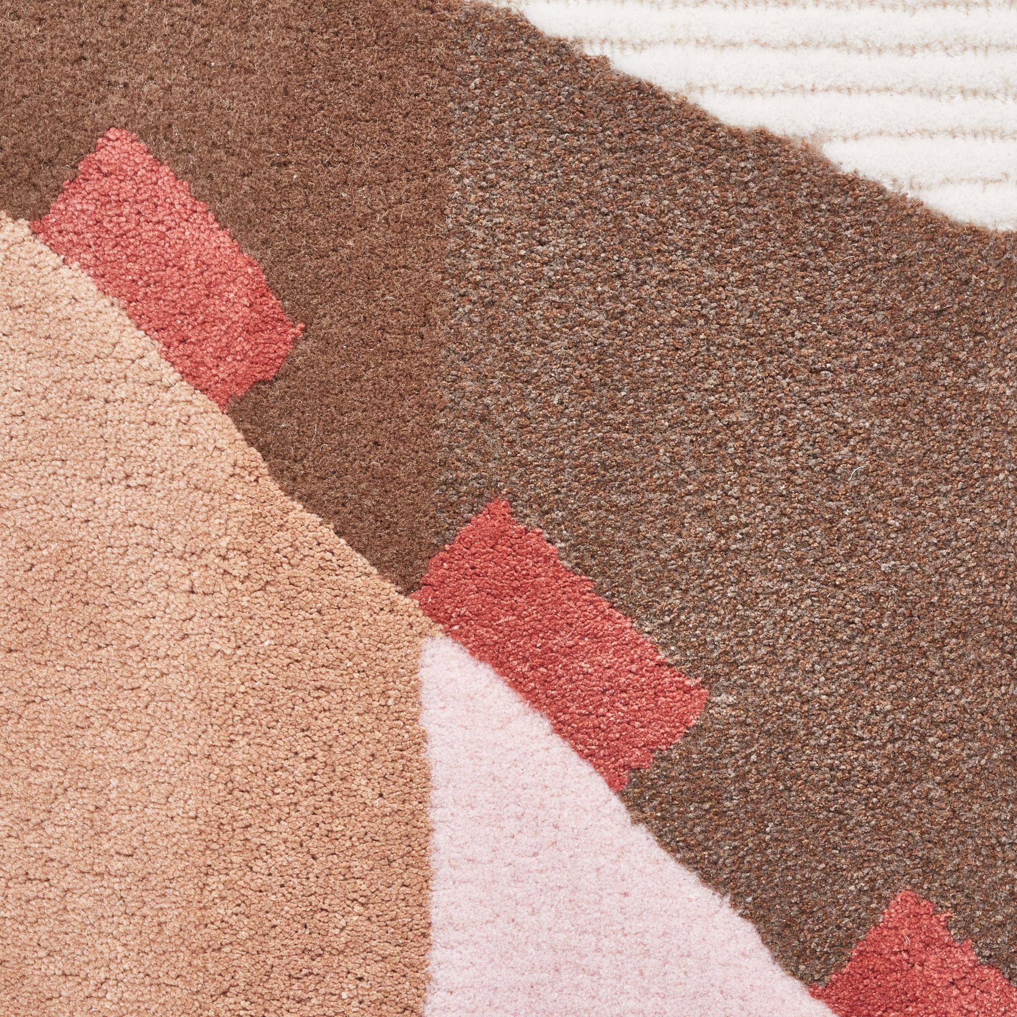 The rich compositions in this eye-catching collection owe their unique play of shapes and unexpected color combinations to the influence of the Memphis Group design movement. Made of hand-tufted merino wool, silk and faux silk, these rugs are as
