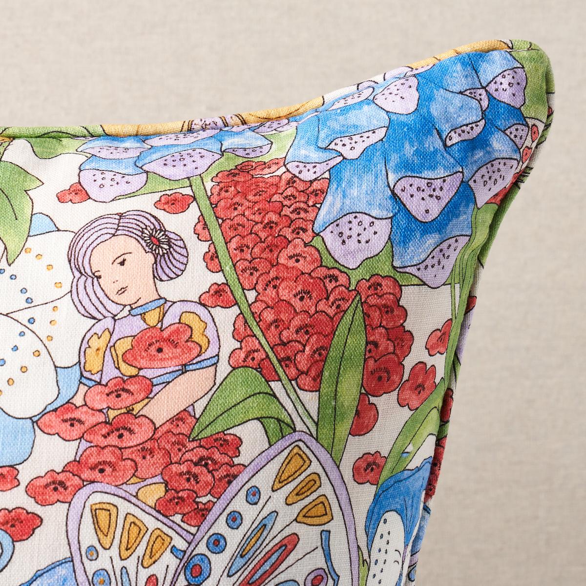 This pillow features Fairie Garden by Clements Ribeiro for Schumacher with a self welt finish. Fairie Garden in yellow-and-ivory is at first glance an exuberant and romantic floral, but it reveals a hidden universe of doll-like girls and fairies