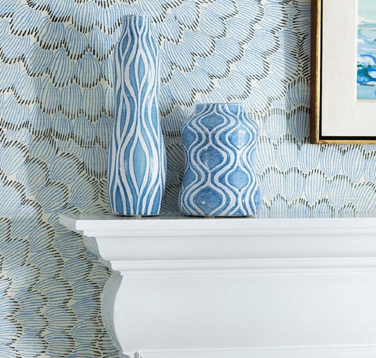 Schumacher Feather Bloom Sisal Wallpaper In Two Blues For Sale at 1stDibs