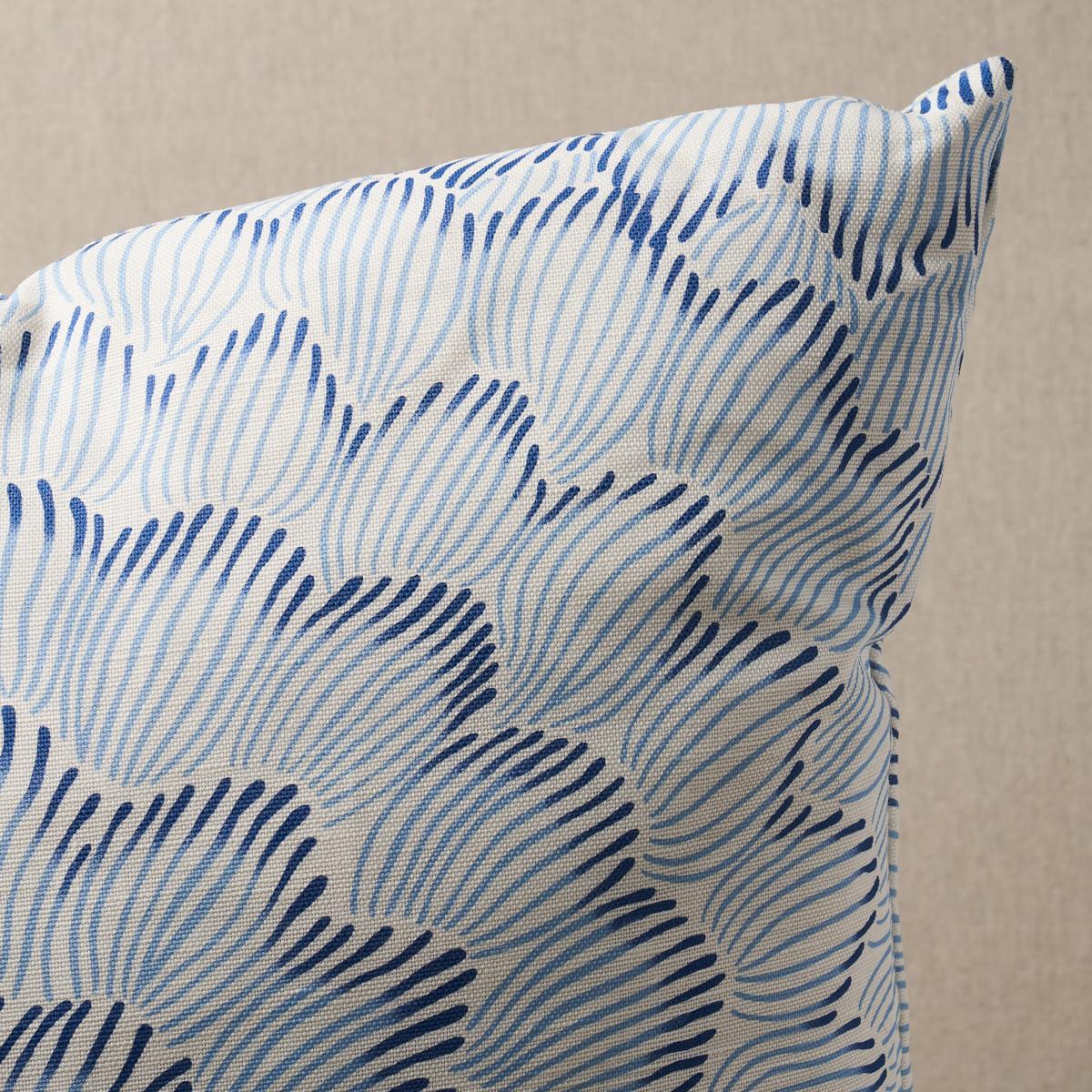 This pillow features Featherbloom by Celerie Kemble for Schumacher with a knife edge finish. Designed by Celerie Kemble, Featherbloom in two blues features a radiating pattern of overscale blossoms that makes a delicate and dreamy statement. The