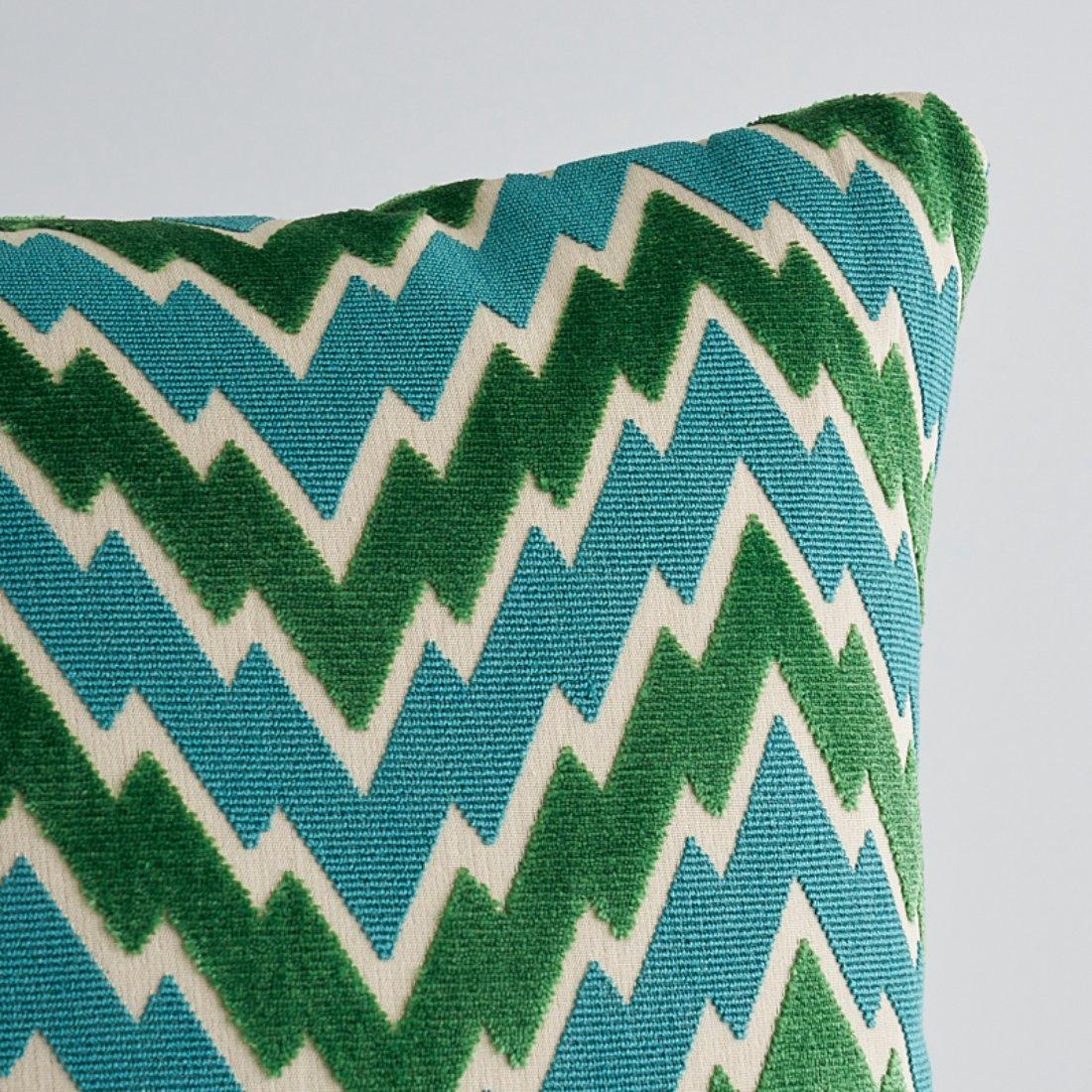 This pillow features Florentine Chevron with a knife edge finish. Ooh la la! This exquisite, high-style cut velvet is just what you need when you want to add some oomph to a room. The mid-scale pattern features an allover, irregular chevron that’s