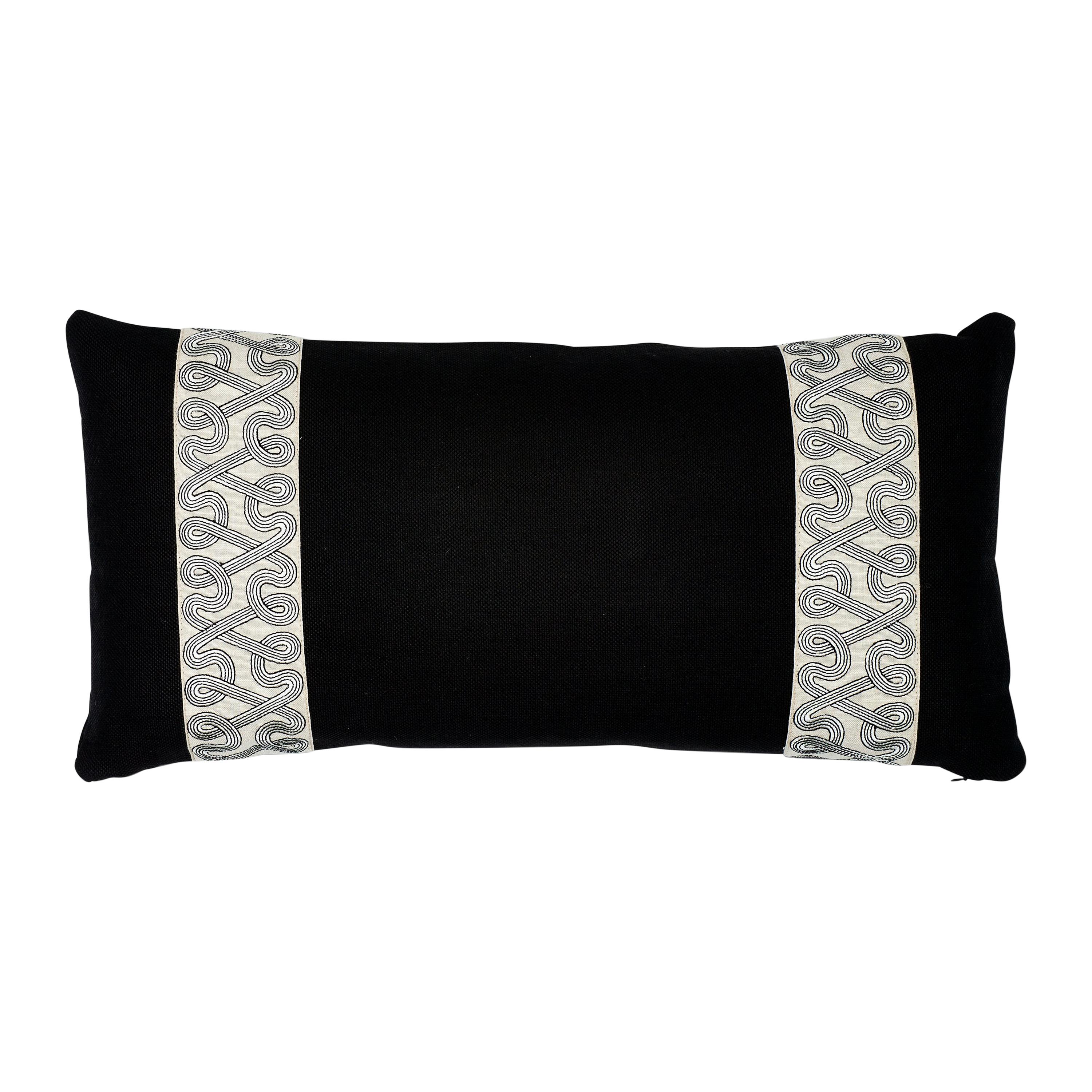 Schumacher Freeform Tape + Piet Performance Linen Black Two-Side Lumbar Pillow For Sale