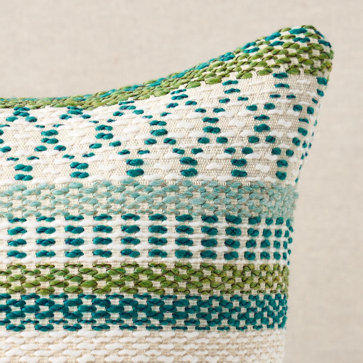 This pillow features Fremont Indoor/outdoor with a knife edge finish. Don’t be fooled by this rich, geometric woven stripe—Fremont Indoor/Outdoor in green is as durable as it is chic. With rustic blanket construction, this use-anywhere