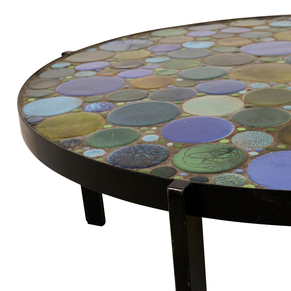 Mid-Century Modern Schumacher French Ceramic Coffee Table with Iron Base and multi-color tiled top