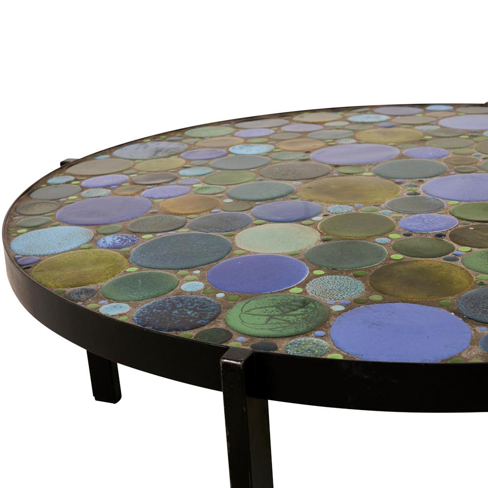 Schumacher French Ceramic Coffee Table with Iron Base and multi-color tiled top In Good Condition In New York, NY