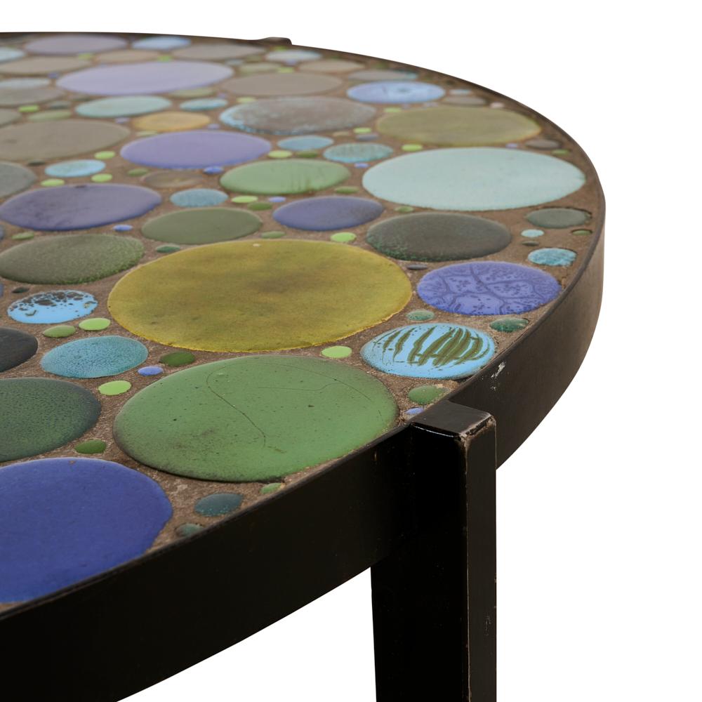 Mid-20th Century Schumacher French Ceramic Coffee Table with Iron Base and multi-color tiled top