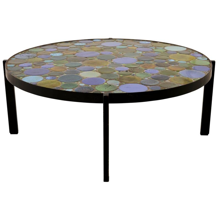 Schumacher French Ceramic Coffee Table with Iron Base and multi-color tiled top