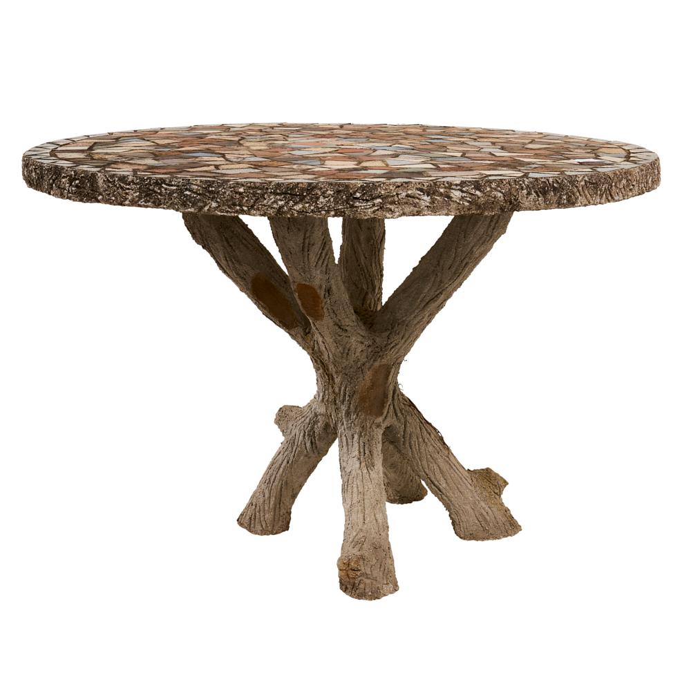 French Concrete Garden Table with Pique Assiette Top, c. 1950.  The base of this circa 1950s faux bois garden table has a sculptural feel with finely rendered detail. Heavy and substantial, the concrete table is topped with a pique assiette mosaic