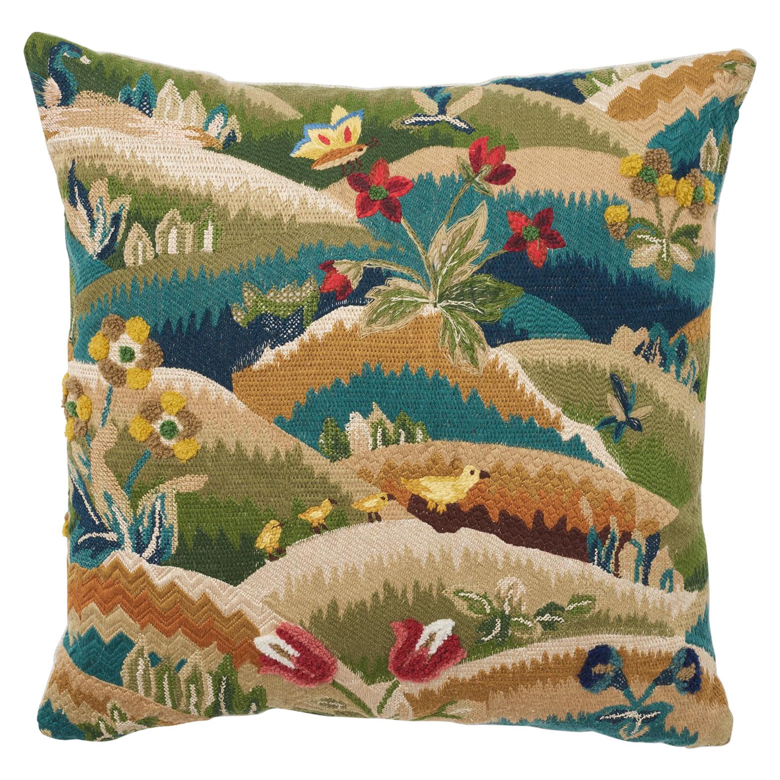 Schumacher Gerry Embroidery Hand-Stitched Multi-Color Two-Sided Pillow