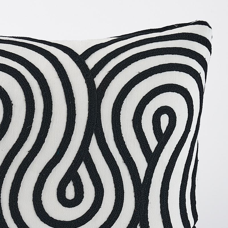 This pillow features Giraldi Embroidery Fabric (Item# 79341) with a knife edge finish. Rendered in chain stitched embroidery on a linen grown, this ribbon-candy-esque stripe combines a sense of movement with tactile dimension. Pillow includes a