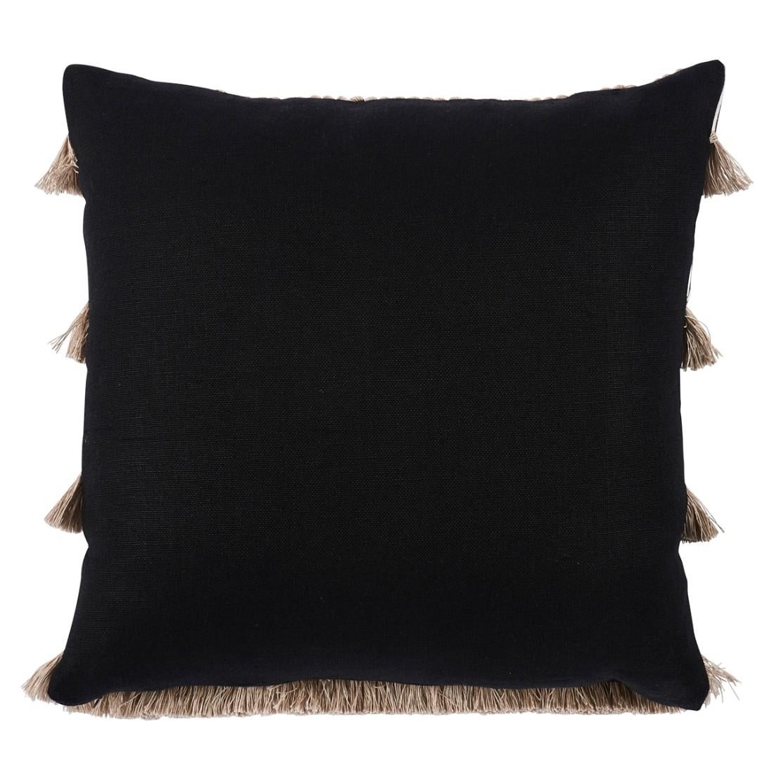 This pillow features Graphic Fringe with a knife edge finish. Graphic Fringe is a wide, ribbed ottoman tape with dense fringe along one side. Stylish and substantial, it’s an instantaneous favorite that adds a graphic, textural touch. Body of pillow