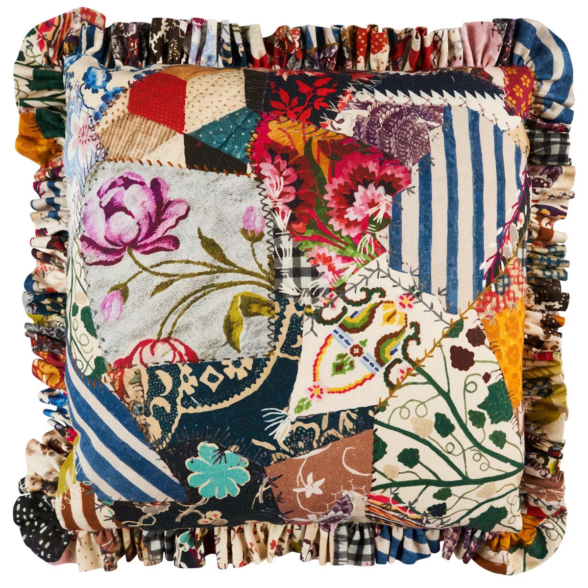 This pillow features Hotch Potch Crazy Quilt by Johnson Hartig for Schumacher with a fringe finish. There is so much to love about Hotch Potch Crazy Quilt, an exuberant, colorful, large-scale design by Johnson Hartig of Libertine. Inspired by