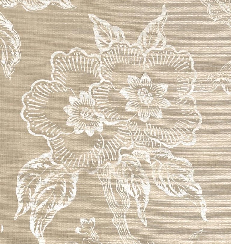 Schumacher Hothouse Flowers Sisal Wallpaper in Fog and Chalk For Sale