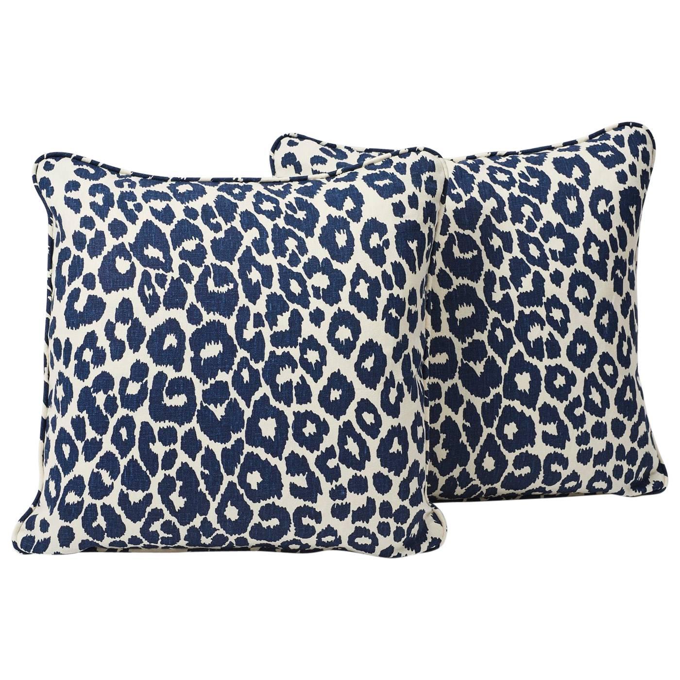 American Schumacher Iconic Leopard Animal Print Ink Blue Two-Sided Linen Pillow For Sale
