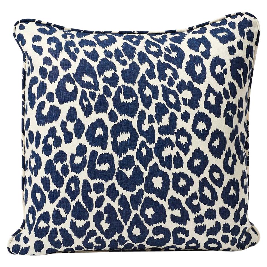 Schumacher Iconic Leopard Animal Print Ink Blue Two-Sided Linen Pillow For Sale
