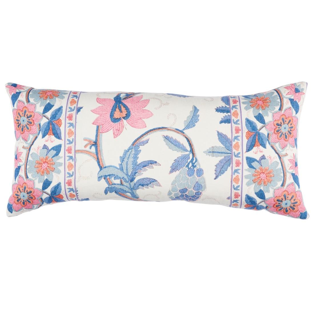 This pillow features Indali Bordered Linen with a knife edge finish. The unique beauty of Indali Linen in rose-and-indigo lies in its faithful interpretation of the original 1920s block-printed pattern. Twisted floral vines are alive with tiny