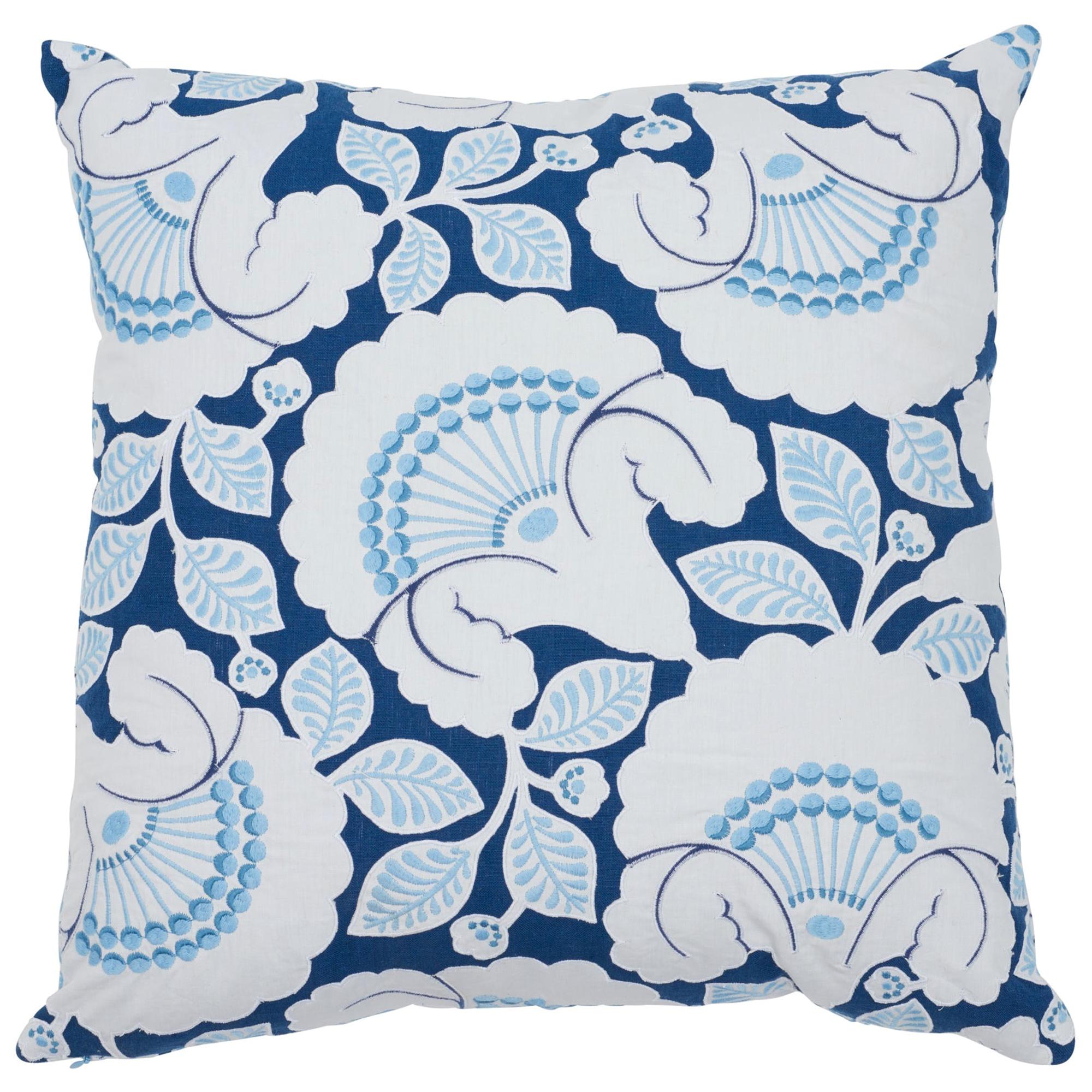 Schumacher Jackie Applique Embroidery Blue Two-Sided Linen Pillow