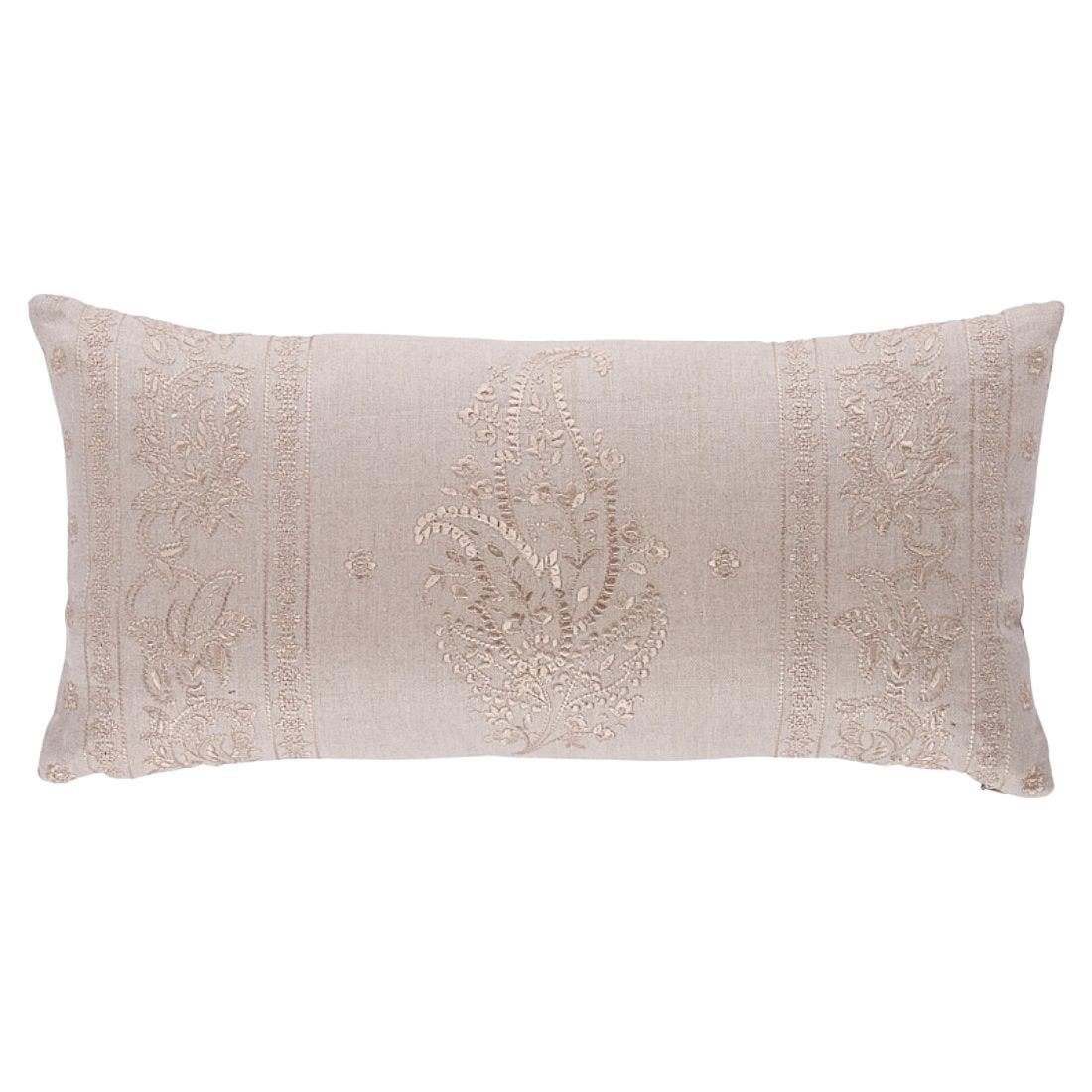 Schumacher Jaipur Linen Embroidery Pillow In Flax For Sale